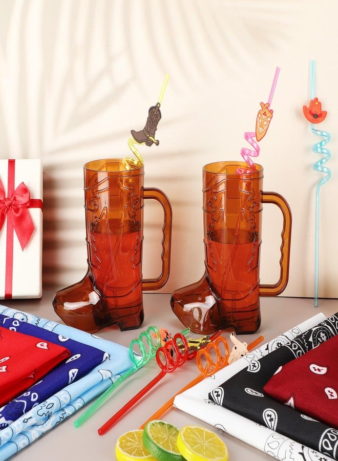 Sliner 30 Pcs Cowboy Party Favors Include 6 20 oz Cowboy Boot Mug Cup 6 Cowgirl Plastic Straws 6 Paisley Bandanas 12 Fake Mustaches for Western Theme Birthday Party Decorations Supplies(Fresh Color) - Image 2